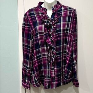 GUC M size 1 Chico’s Ruffle Plaid button down shirt winter fashion long sleeve